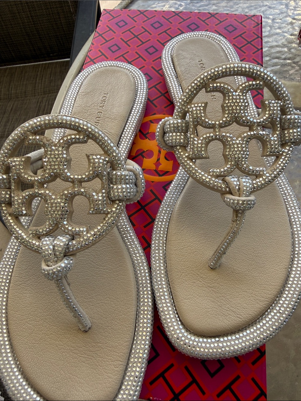Tory Burch Stone Gray Crystal Embellished Miller Sandal